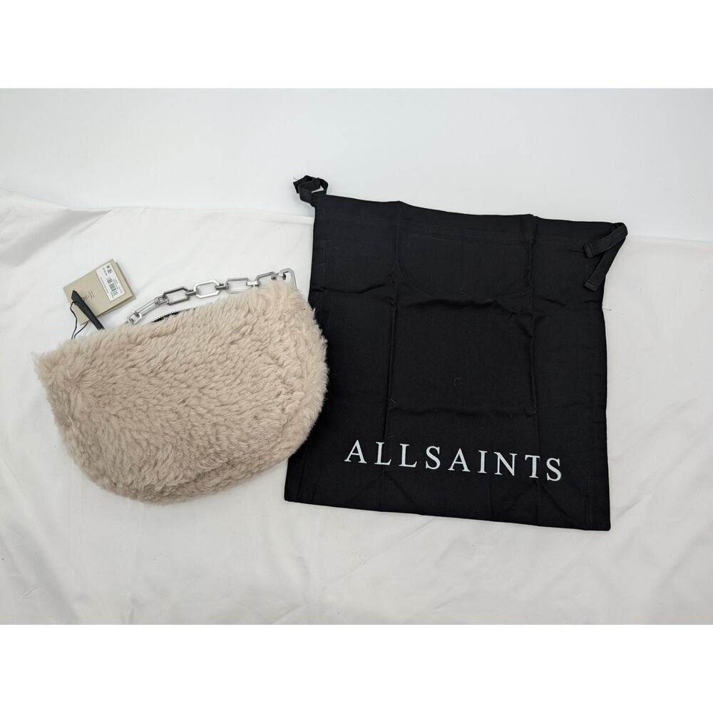 NWT AllSaints Madea Mini Shearling Bag in Neutral Silver Chain Strap Half Moon